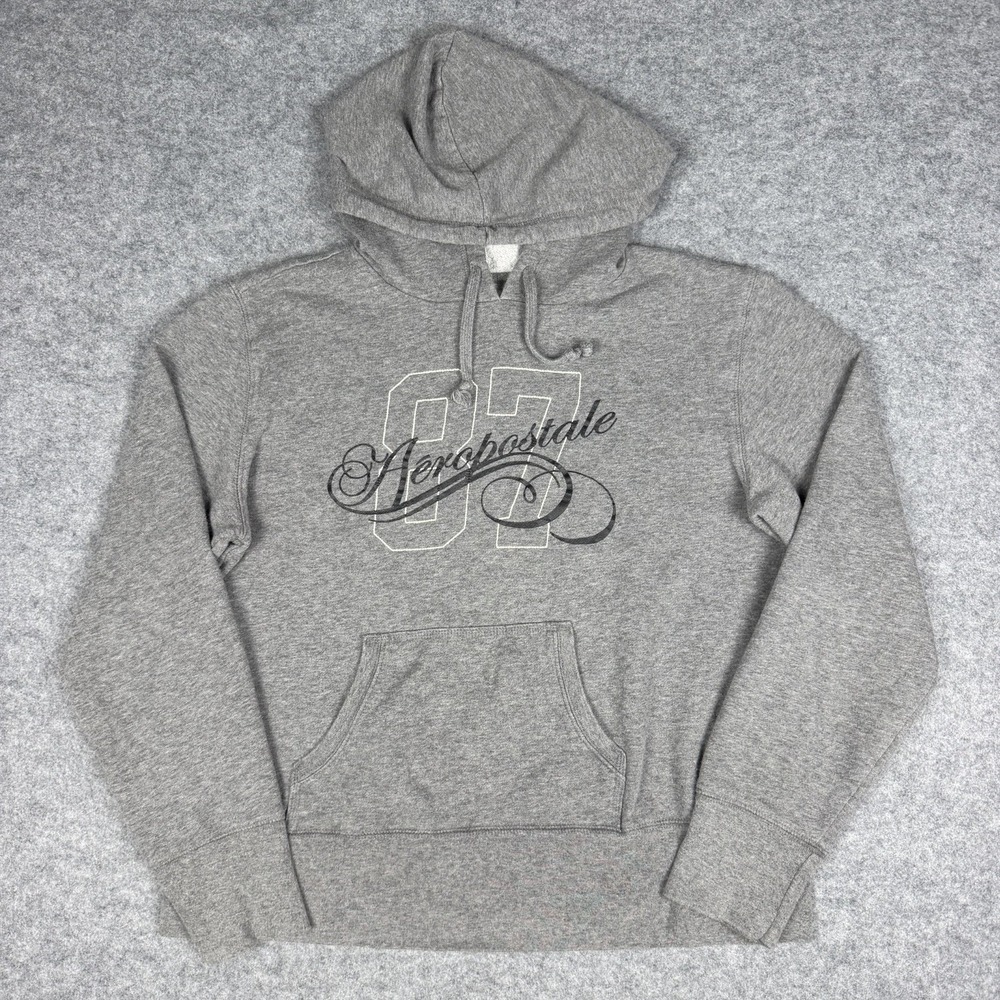 Aeropostale Hoodie Womens Medium Grey Spellout Graphic Pullover Sweatshirt M